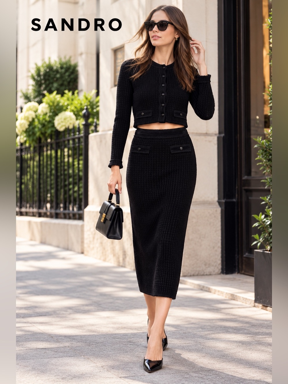 NWT SANDRO Leandra Black Velvet Pocket Knit Skirt